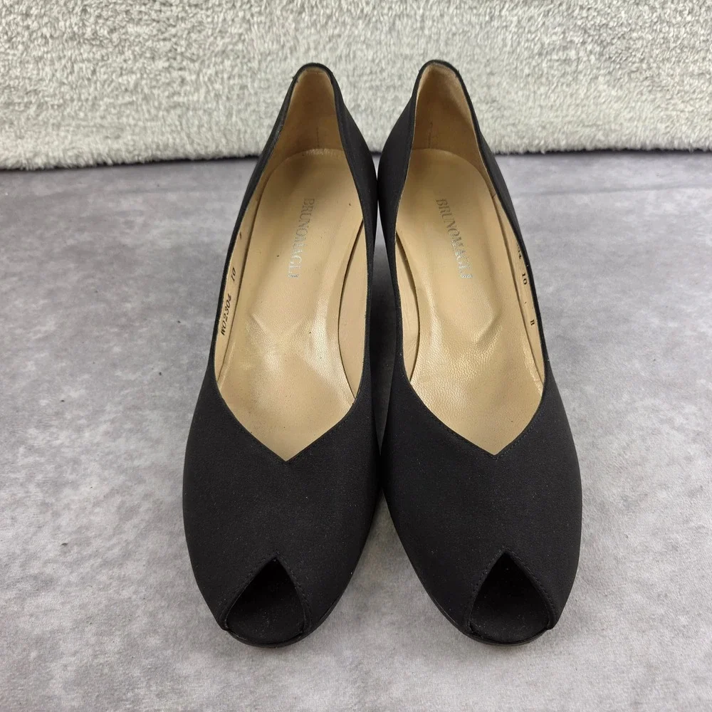 Bruno Magli Womens Black Satin Peep Toe Wedge Heels WO2304 Italian Leather 10 B